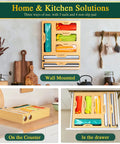 Slick Bamboo Kitchen Drawer Organizer With Plastic Wrap Dispenser And Foil Cutter, 6 In 1 Multi Size Bag Holder For Quart And Gallon Storage in use on counter and wall.