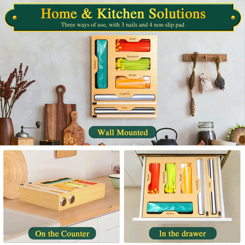 Slick Bamboo Kitchen Drawer Organizer With Plastic Wrap Dispenser And Foil Cutter, 6 In 1 Multi Size Bag Holder For Quart And Gallon Storage in use on counter and wall.