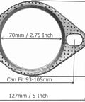 2-bolt 70mm exhaust flange gasket; high-temp graphite, top-down diagram with 127mm by 88mm footprint.