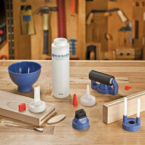 Woodworking Glue Applicator Kit With 8oz Bottle Easy Squeeze Spout And Red Cap Centering Guide Attachment Silicone Brush
