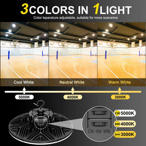 Comparison of UFO LED High Bay Light 240W 190W 140W Adjustable Workhorse 33600LM Tunable 3000K 5000K color settings in a gym