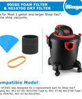 Image of Six Pack Reusable Dry Filters And Foam Sleeve Filter Kit Replacement For 5 Gallon And Up Wet Dry Vacuums next to vacuum