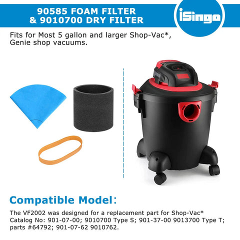 Image of Six Pack Reusable Dry Filters And Foam Sleeve Filter Kit Replacement For 5 Gallon And Up Wet Dry Vacuums next to vacuum