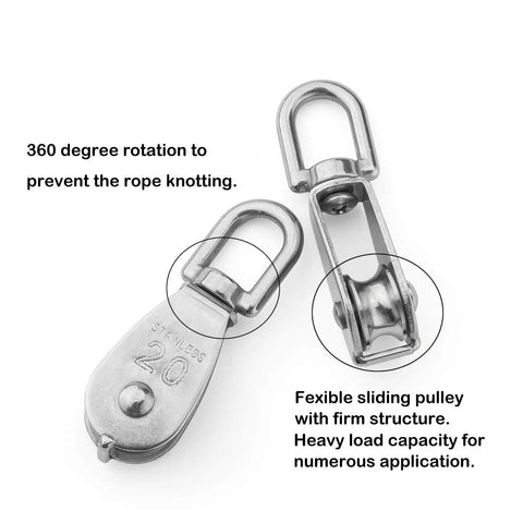Set Of 10 Pro Grade Heavy Duty Stainless Steel Swivel Pulley Blocks For Wire Rope 7mm, single pulley wheel with 360° swivel