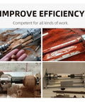 High Precision Mini Wood Lathe Machine For DIY Enthusiasts shown in various stages of wood crafting and shaping projects.