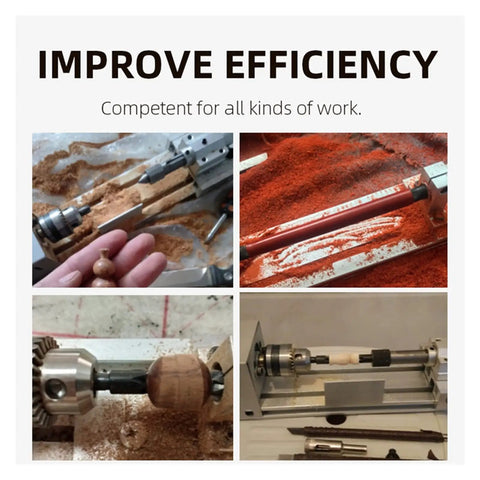 High Precision Mini Wood Lathe Machine For DIY Enthusiasts shown in various stages of wood crafting and shaping projects.