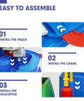 Easy assembly guide for Race Track Toy Set For 3 Year Old Boys Magnetic Helicopter Rescue Car Puzzle Track Challenge STEM Learning Montessori Toddler Toy For 3 To 4 Year Olds Kid Friendly Play Set showing steps to install track, crane, and helicopter.