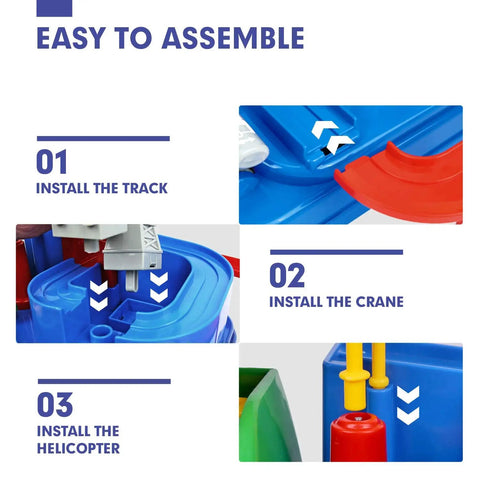Easy assembly guide for Race Track Toy Set For 3 Year Old Boys Magnetic Helicopter Rescue Car Puzzle Track Challenge STEM Learning Montessori Toddler Toy For 3 To 4 Year Olds Kid Friendly Play Set showing steps to install track, crane, and helicopter.