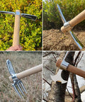 Stainless Steel Double Headed Pickaxe 2 In 1 Multifunctional Mattock For Digging And Breaking Ground shown in various garden settings