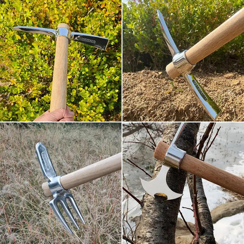 Stainless Steel Double Headed Pickaxe 2 In 1 Multifunctional Mattock For Digging And Breaking Ground shown in various garden settings