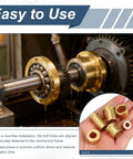 Two-Piece Self-Lubricating Brass Flange Bearing Set in use on machinery with inset of hand holding brass bearings.