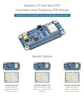 Top view of Dual Band GPS Module for Raspberry Pi with RTK Rover Support L1 L5 Positioning, displayed next to version options.