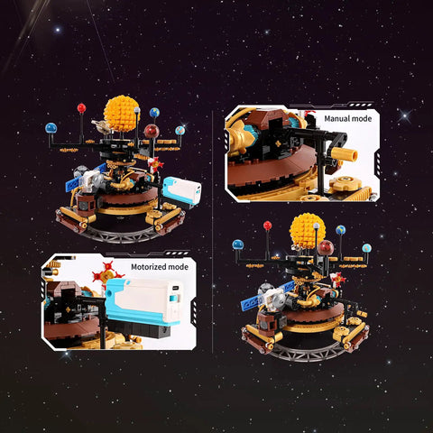 Mechanical Solar System Orrery Kit With 946 Pieces Rotating Planets Gear Driven Model No Batteries Needed Educational STEM Astronomy Toy For Kids Ages 8 Through 14 Includes Rocket Set Compatible With Space Themed Building Sets, manual and motorized views