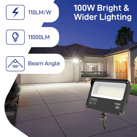 Beast 100W LED Flood Light With Knuckle Mount 11000 Lumens 5000K Outdoor Lighting illuminating a residential driveway at night
