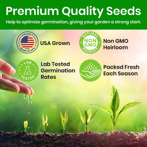 Person watering small plants with hand, showing icons of USA Grown, Non GMO, Lab Tested, Packed Fresh; Premium Quality Seeds text.
