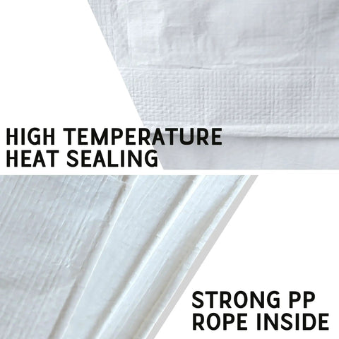Close-up of 7 Mil White 8x10 Foot Poly Tarpaulin Tarp Beefy Heavy Duty Waterproof Cover with reinforced edges and PP rope.