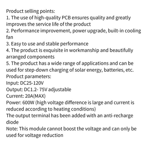 600W Step Down Voltage Regulator Module With Built In Cooling Fan For Industrial And Electronics Projects Handy Adjustable Output Rock Solid Overcurrent And Overtemperature Protection Short Circuit Safeguards Stable Efficient Power Supply Board with 25-120V input and 1.2-75V output