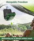 Camping Fan Battery Powered And Solar Powered Lightweight Portable Cordless Fan With Light hanging in tent