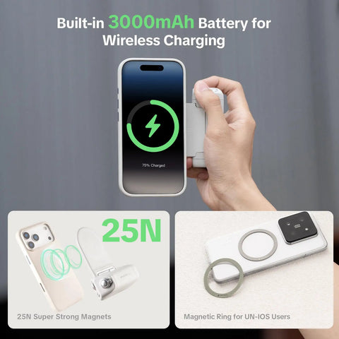 Hand holding Magnetic 3 In 1 Phone Grip with Built In 3000mAh Power Bank, showing wireless charging on phone.