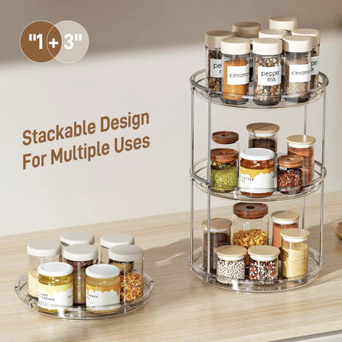 2 Tier Lazy Susan Turntable Organizer For Narrow Cabinets, Rotating Spice Rack with stacked spice jars on countertop