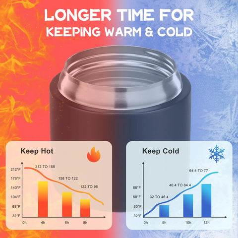 Keep It Sizzling Hot Soup Thermos With Secure Split Snack Cup Grab And Go Leak Free Insulated Lunch Jar For Kids And Adults Stainless Steel Double Wall Vacuum Food Container With Spoon Black with temperature retention graphic.