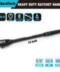 Extra Long 15 Inch 1/2 Inch Drive Ratchet With 90-Tooth Gear, Dust Proof Teardrop Enclosed Head on white background