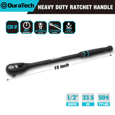 Extra Long 15 Inch 1/2 Inch Drive Ratchet With 90-Tooth Gear, Dust Proof Teardrop Enclosed Head on white background
