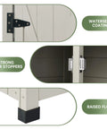 Detail of weatherproof outdoor storage shed with floor and adjustable shelves, showing hinge, stoppers, and raised floor design.