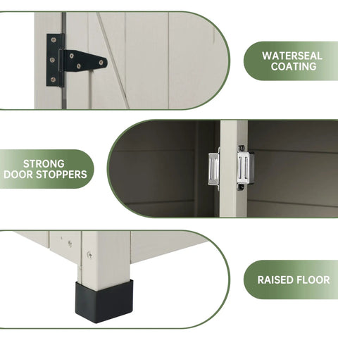 Detail of weatherproof outdoor storage shed with floor and adjustable shelves, showing hinge, stoppers, and raised floor design.