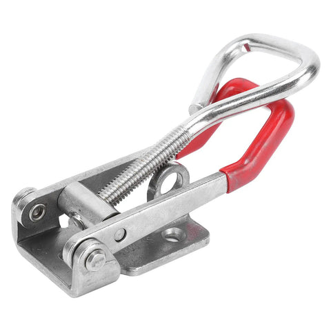 Beefy Heavy Duty Adjustable Toggle Latch Clamp In Stainless Steel With 600 Kilograms Holding Power, red handle, side angle view