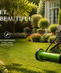 12 Inch Manual Reel Lawn Mower With 5 Blade Cutting System And Grass Catcher Bag, No Gas Or Electricity Needed, Lightweight Hand Push Grass Cutter For Small Yards And Gardens, Adjustable Height For Neat Eco Friendly Lawn Care on a garden lawn
