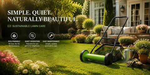 12 Inch Manual Reel Lawn Mower With 5 Blade Cutting System And Grass Catcher Bag, No Gas Or Electricity Needed, Lightweight Hand Push Grass Cutter For Small Yards And Gardens, Adjustable Height For Neat Eco Friendly Lawn Care on a garden lawn