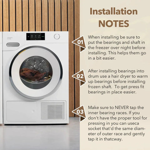 Installation notes for Replacement Tub Shaft And Bearing Kit For Whirlpool Cabrio Washer on a sleek washer machine.