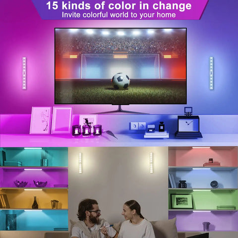 Six Pack Wireless Under Cabinet Lights With Remote USB Rechargeable RGB LED Bar Kit showing colorful lighting options