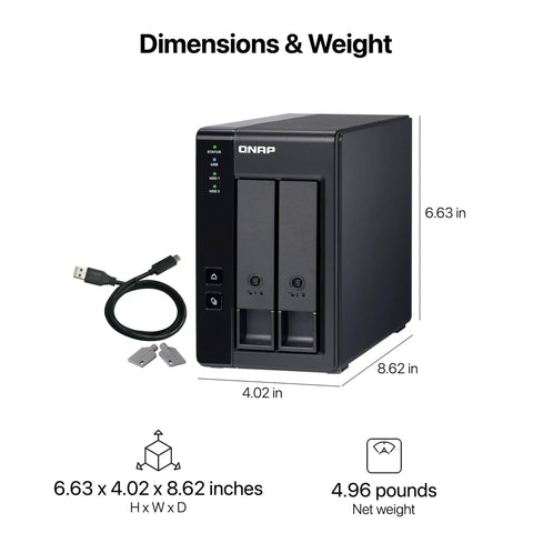 Dead Simple Setup Two Bay Usb Type C Direct Attached Storage Enclosure With Hardware Raid Support For Ssd And Hdd Drives dimensions with USB cable