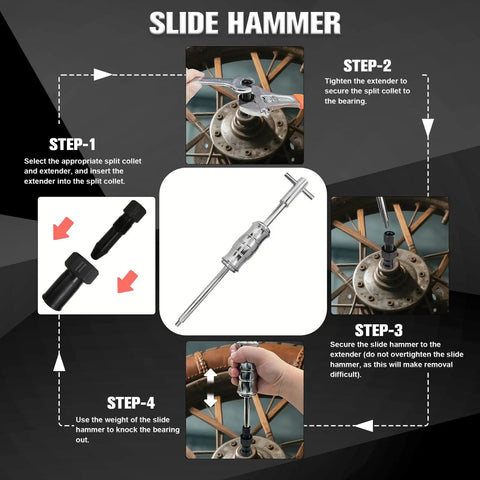12-Piece Motorcycle Bearing Puller Kit With Slide Hammer, Inner Blind Hole Puller For Pilot Inserts, collets 8mm-32mm diagram