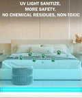 Powerful 6W UVC Sanitizer Lamp Ozone Free 253.7 Nanometer purifies bedroom air, showing UV light over a bed