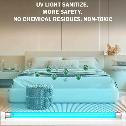 Powerful 6W UVC Sanitizer Lamp Ozone Free 253.7 Nanometer purifies bedroom air, showing UV light over a bed