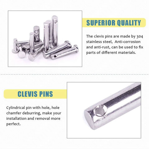 304 Stainless Steel Clevis Pins Set, Flat Head Single Hole Assortment Kit showcasing the pins' quality and corrosion resistance features