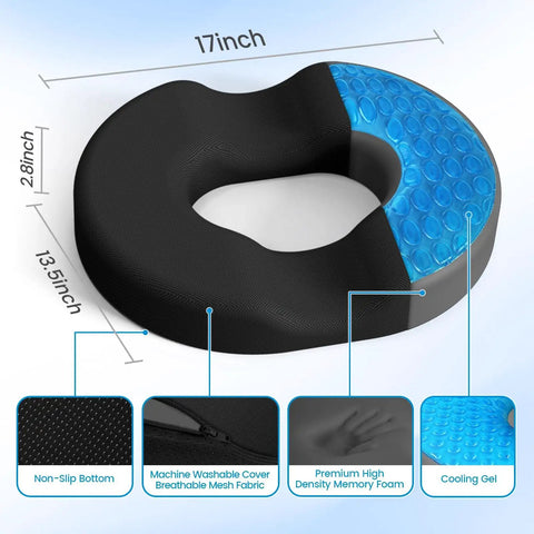 Donut Pillow Seat Cushion With Cooling Gel And Memory Foam Comfy Office And Home Chair Cushion For Tailbone Pain Relief Hemorrhoids And Back Soreness Car Seat Ready Black, showing size dimensions and material features with non-slip bottom.