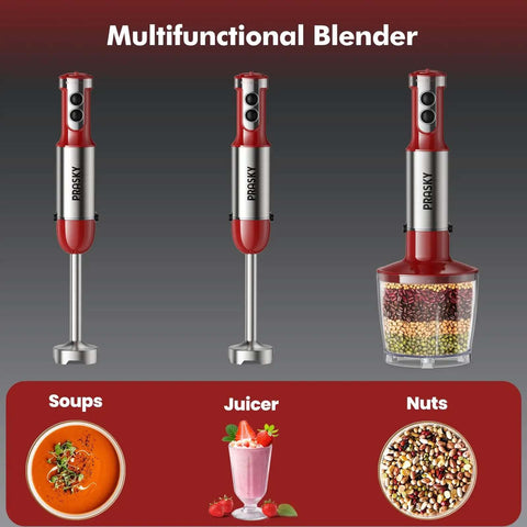 Heavy Duty Immersion Blender Handheld 20 Speed 5 In 1 Kitchen Mixer with stainless steel whisk for soups and juices.