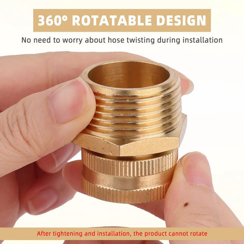 Brass Garden Hose Adapter Three Quarters GHT Female To One NPT Male Swivel Connector Reducer For Outdoor Irrigation And Watering Systems No Fuss Leak Free Quick Fit Heavy Duty Hook Up Fits Most Hoses Sprinklers And Tools, 360° swivel view