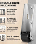 Top Shelf Vertical Track Roller Wheels For Heavy Sliding Doors And Cabinets Plus Silky Smooth Rubber Casters With No Hassle Anti Sag Design For Effortless Drawer Glide And Gate Swings Two Pack, shown with applications like closets and cabinets.