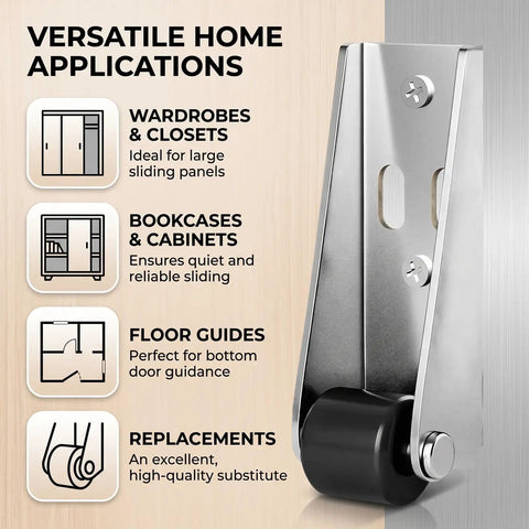 Top Shelf Vertical Track Roller Wheels For Heavy Sliding Doors And Cabinets Plus Silky Smooth Rubber Casters With No Hassle Anti Sag Design For Effortless Drawer Glide And Gate Swings Two Pack, shown with applications like closets and cabinets.
