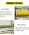 Product details of Dead Nuts Precise Electric Heat Shrink Tube Cutter showing yellow feed roller and green press wheel components.