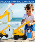Child playing with toy excavator on beach next to a bottle of glue, showing repair use of Crystal Clear Glass Adhesive For Cracks And Repairs Heavy Duty Waterproof And Heat Resistant Glue That Binds Like A Boss For Mirrors Acrylic Plexiglass Windows Metal DIY Crafts And Rhinestones.