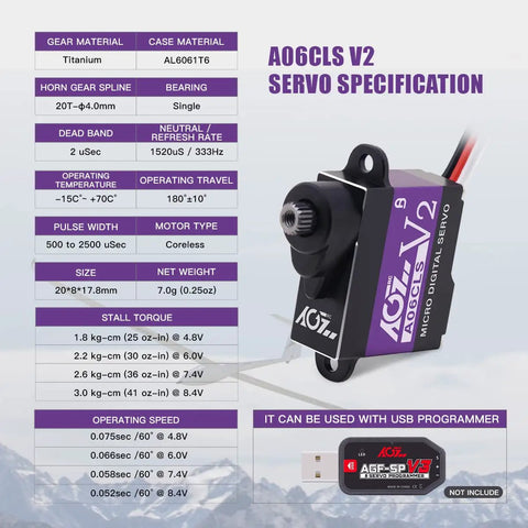 Mini Z RC Car Micro Steering Servo A06CLS V2 6g High Speed Full Metal Gear Coreless Digital Servo in purple with specifications.