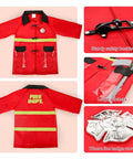 Kid Friendly Firefighter Dress Up Costume Set With 13 Pieces Pretend Play Gear Including Helmet Extinguisher Walkie Talkie Bullhorn Axe Pry Bar Badge And More For Boys And Girls showing front and back views with safety buckle, large pockets, and badge holder details.