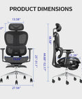 Front and side view dimensions of Ergonomic Office Chair With Footrest For Long Hours, Big And Tall Desk Chair With Adjustable Lumbar Support.