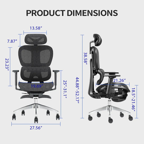 Front and side view dimensions of Ergonomic Office Chair With Footrest For Long Hours, Big And Tall Desk Chair With Adjustable Lumbar Support.